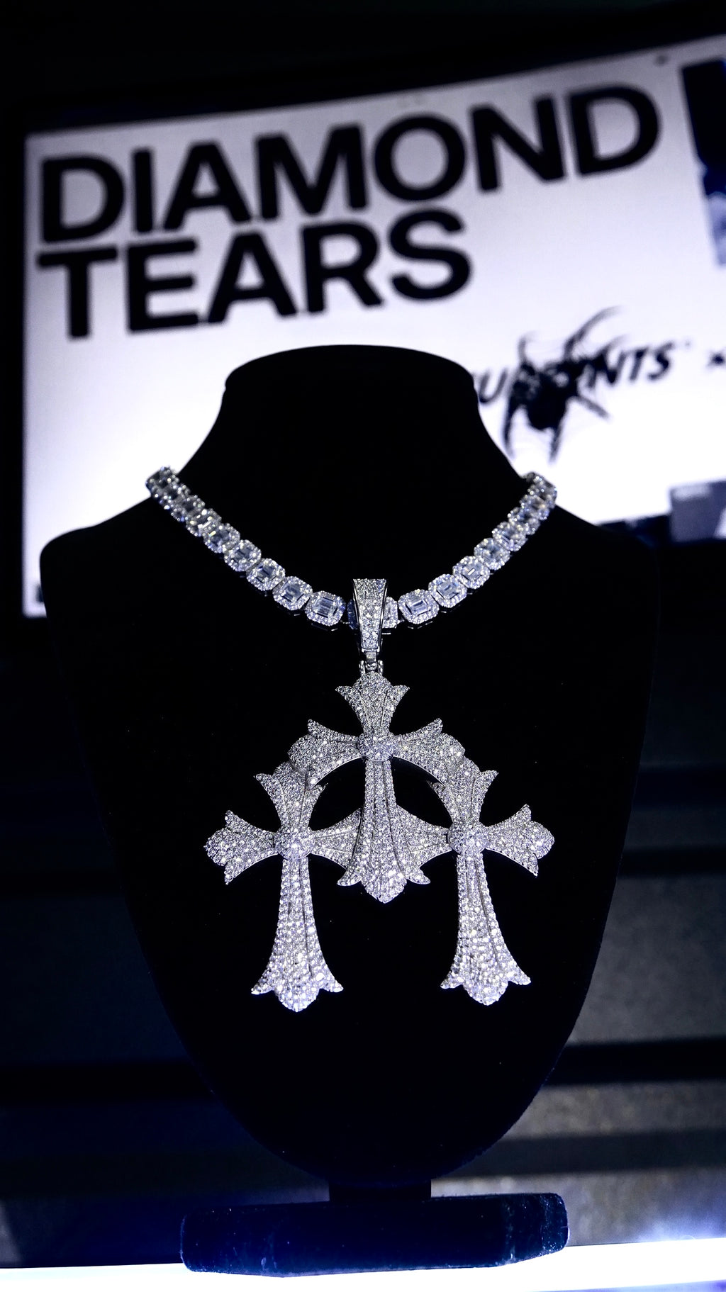 12mm Baguette Cluster Tennis Chain + Triple Cross Set