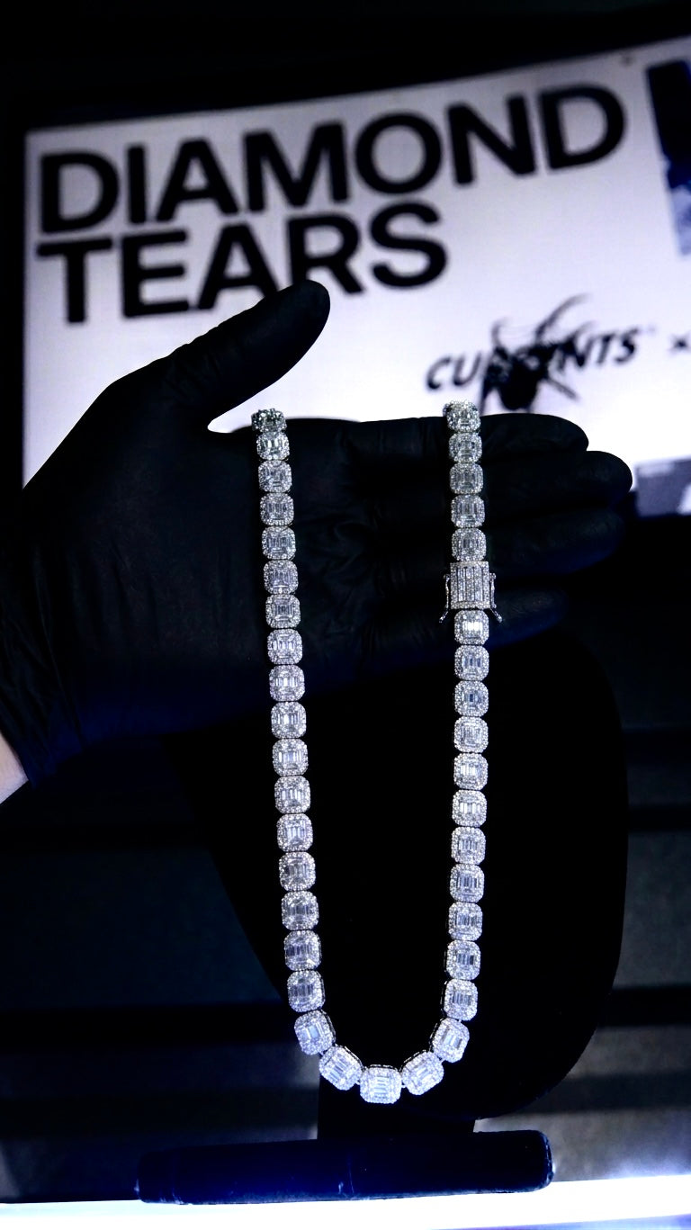 12mm Baguette Cluster Tennis Chain - White Gold