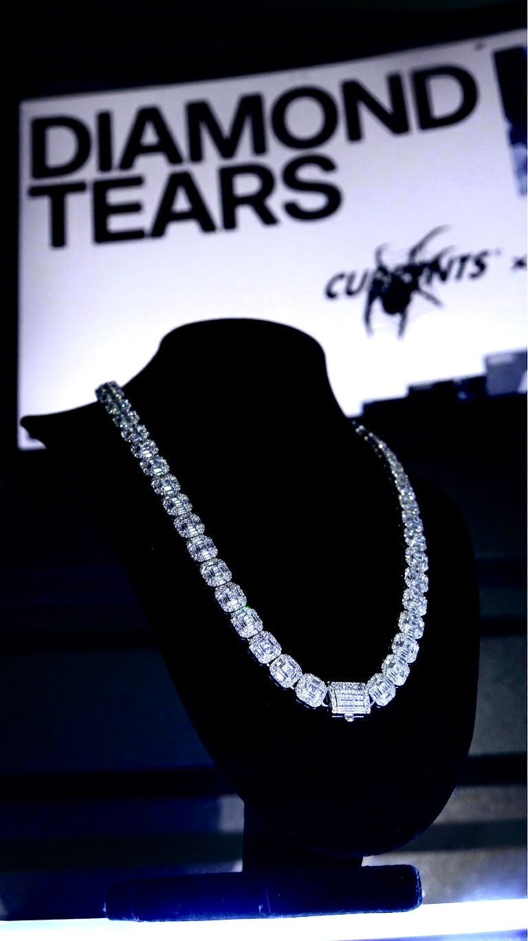 12mm Baguette Cluster Tennis Chain - White Gold